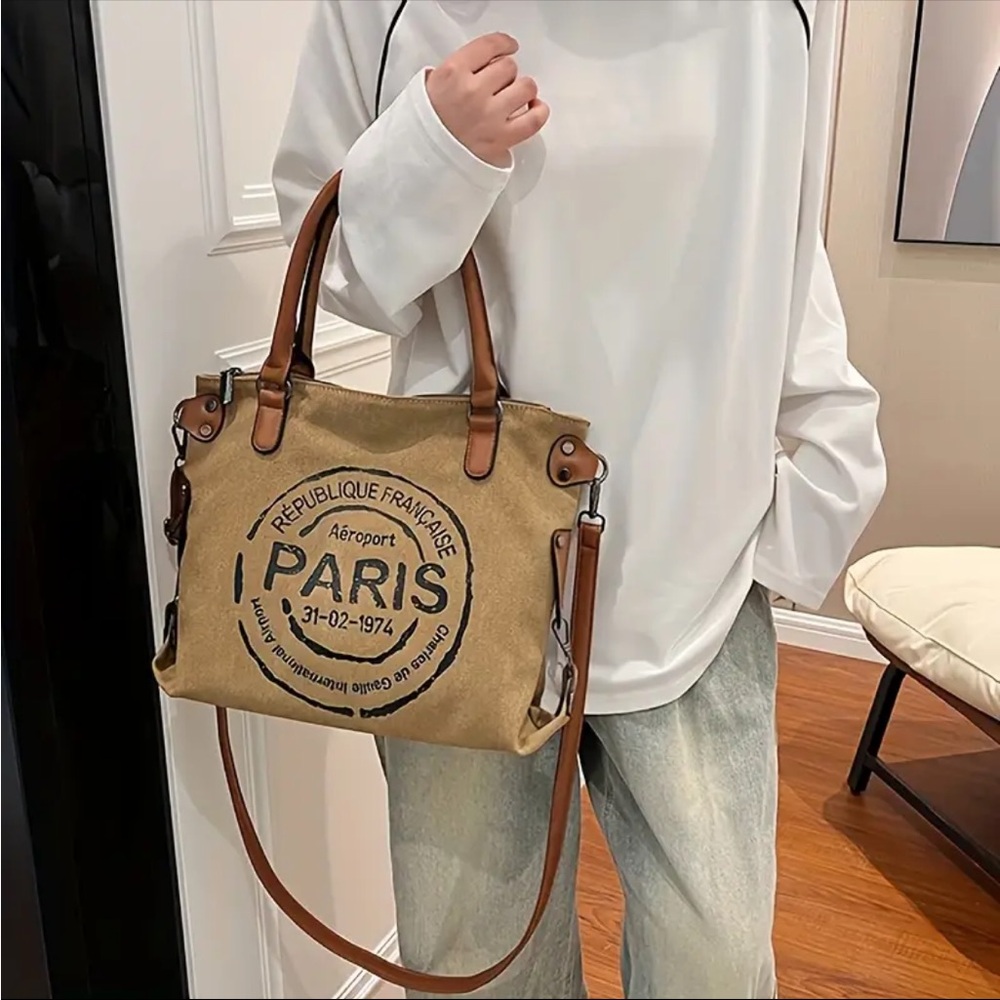 Tan and Brown Shoulder Bag with Vintage Paris Design - Picture 3 of 4